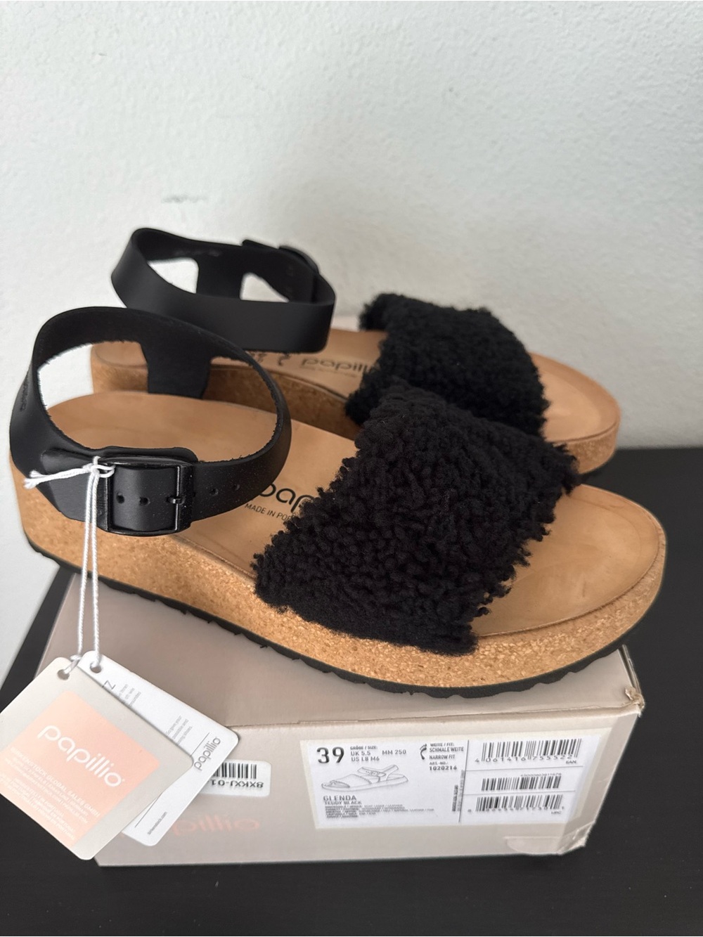 NIB Papillio by Birkenstock Glenda Teddy Shearling Leather Sandals Size 39 EU